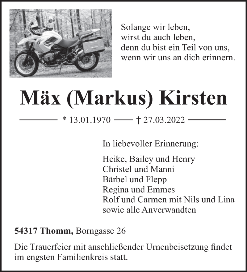  Traueranzeige für Mäx Kirsten vom 29.03.2022 aus trierischer_volksfreund