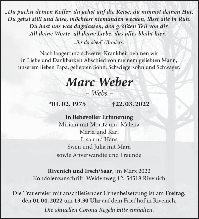  Traueranzeige für Marc Weber vom 26.03.2022 aus trierischer_volksfreund