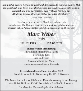 Traueranzeige von Marc Weber von trierischer_volksfreund