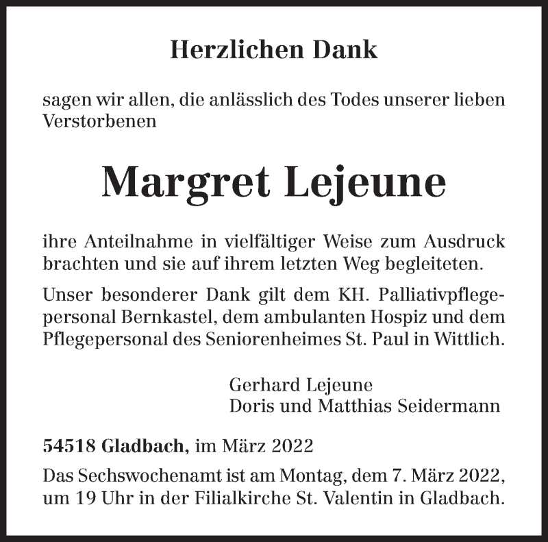  Traueranzeige für Margret Lejeune vom 03.03.2022 aus trierischer_volksfreund