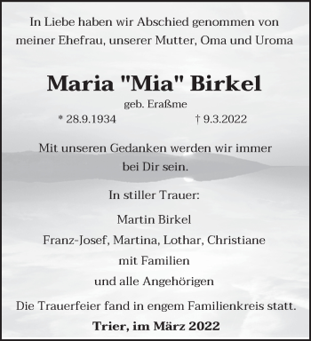 Traueranzeige von Maria Birkel von trierischer_volksfreund