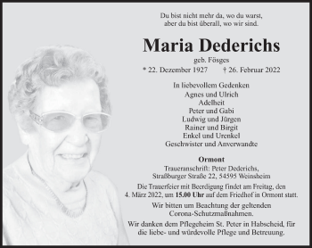 Traueranzeige von Maria Dederichs von trierischer_volksfreund