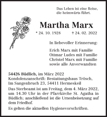 Traueranzeige von Martha Marx von trierischer_volksfreund
