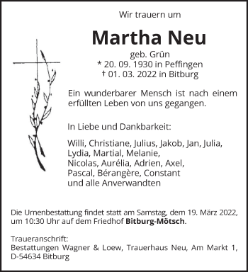 Traueranzeige von Martha Neu von trierischer_volksfreund