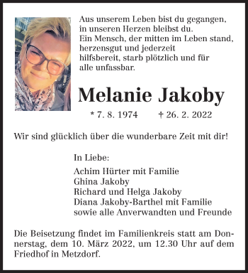 Traueranzeige von Melanie Jakoby von trierischer_volksfreund