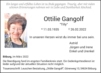 Traueranzeige von Ottilie Gangolf von trierischer_volksfreund