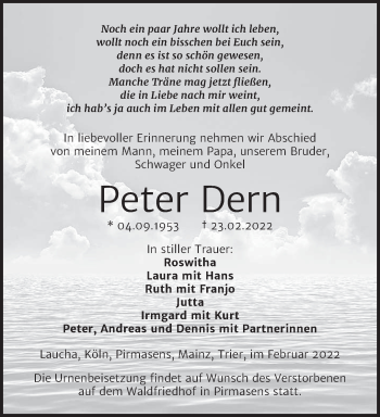 Traueranzeige von Peter Dern von trierischer_volksfreund