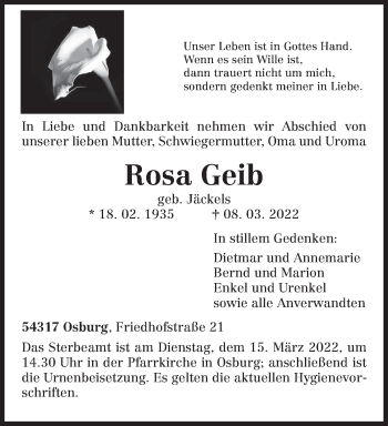 Traueranzeige von Rosa Geib von trierischer_volksfreund