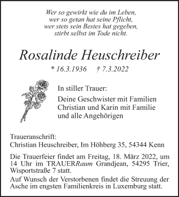 Traueranzeige von Rosalinde Heuschreiber von trierischer_volksfreund