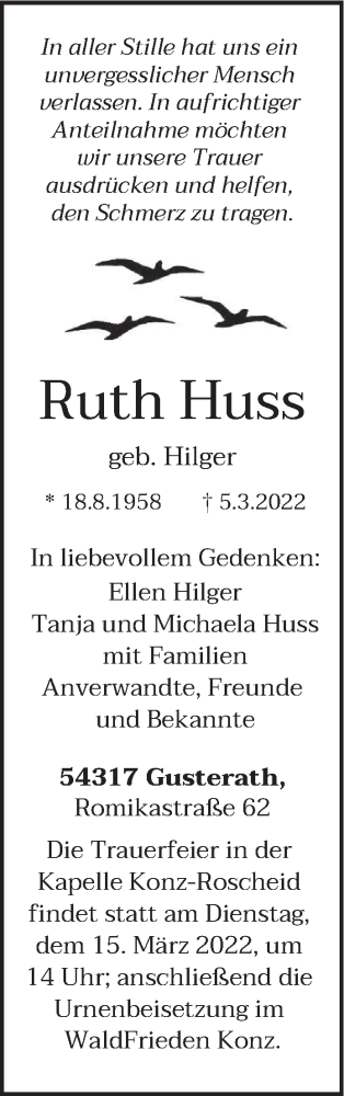  Traueranzeige für Ruth Huss vom 19.03.2022 aus trierischer_volksfreund