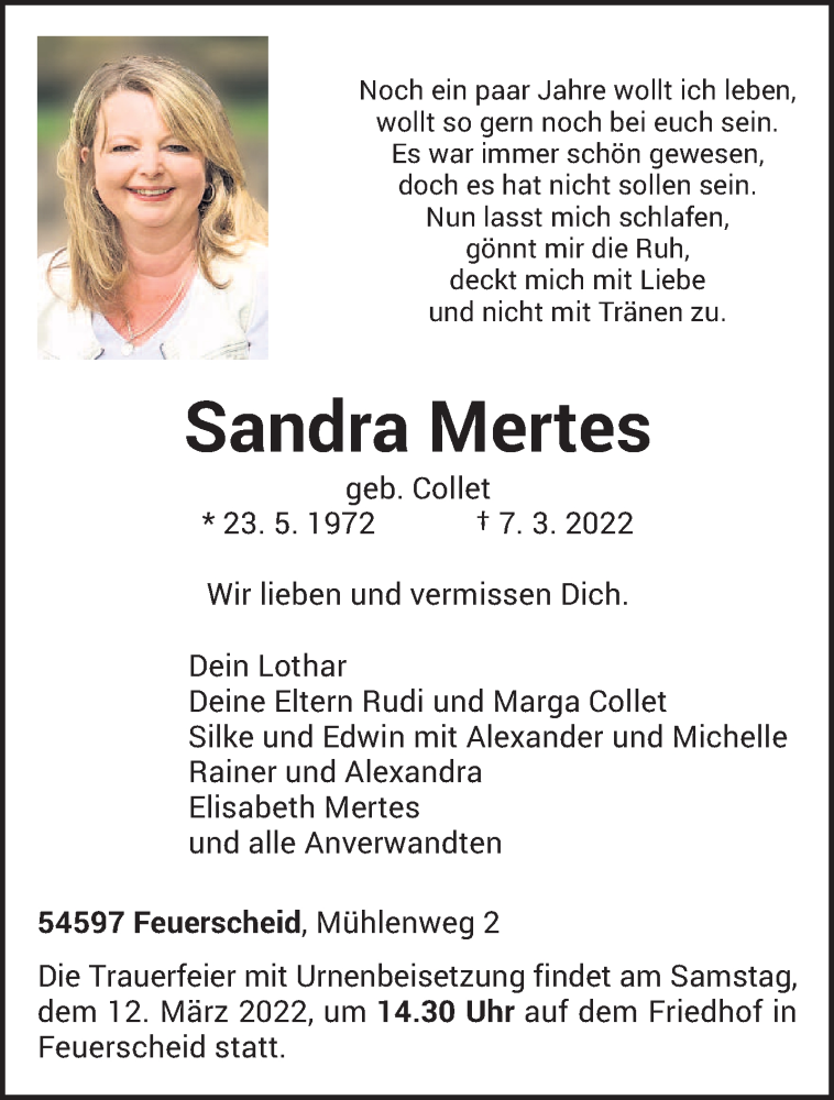  Traueranzeige für Sandra Mertes vom 09.03.2022 aus trierischer_volksfreund