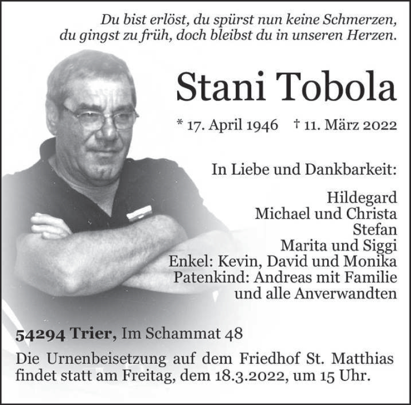  Traueranzeige für Stani Tobola vom 15.03.2022 aus trierischer_volksfreund