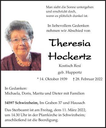 Traueranzeige von Theresia Hockertz von trierischer_volksfreund