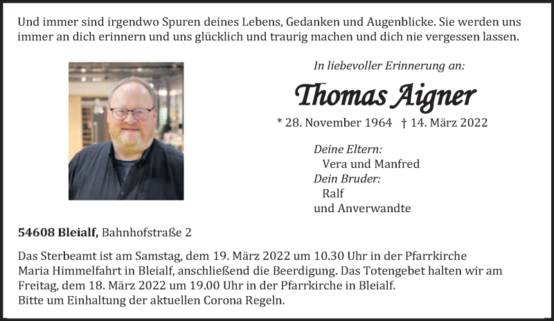  Traueranzeige für Thomas Aigner vom 17.03.2022 aus trierischer_volksfreund
