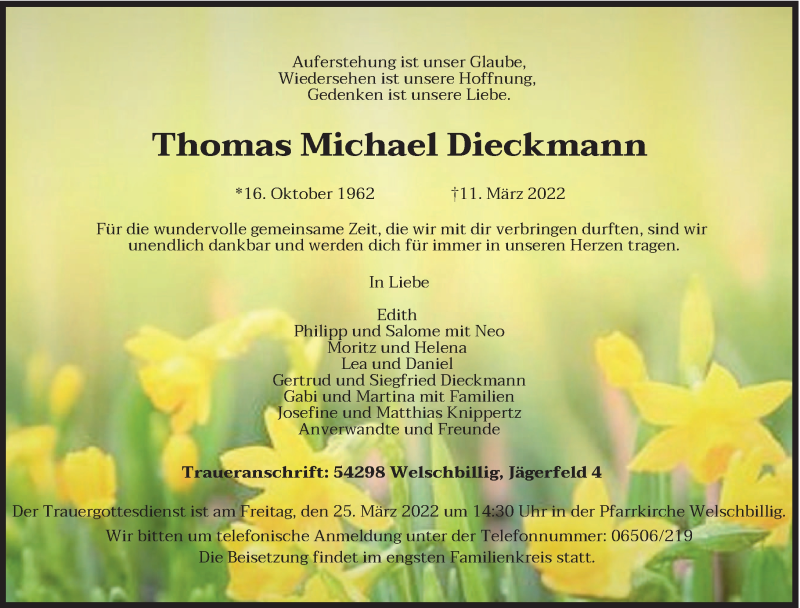  Traueranzeige für Thomas Michael Dieckmann vom 19.03.2022 aus trierischer_volksfreund