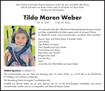 Traueranzeige von Tilda Maren Weber von trierischer_volksfreund
