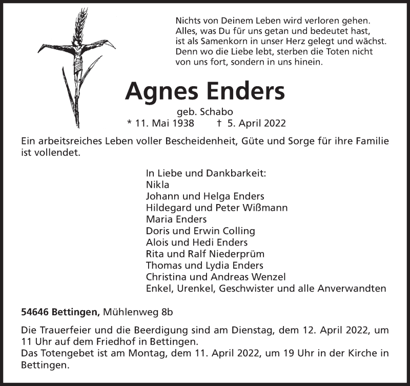  Traueranzeige für Agnes Enders vom 09.04.2022 aus trierischer_volksfreund