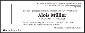 Traueranzeige von Alois Müller von trierischer_volksfreund