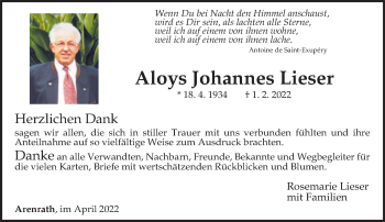 Traueranzeige von Aloys Johannes Lieser von trierischer_volksfreund