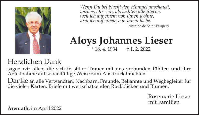  Traueranzeige für Aloys Johannes Lieser vom 16.04.2022 aus trierischer_volksfreund