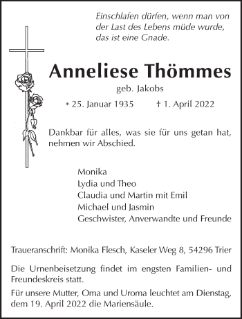 Traueranzeige von Anneliese Thömmes von trierischer_volksfreund