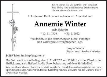 Traueranzeige von Annemie Winter von trierischer_volksfreund