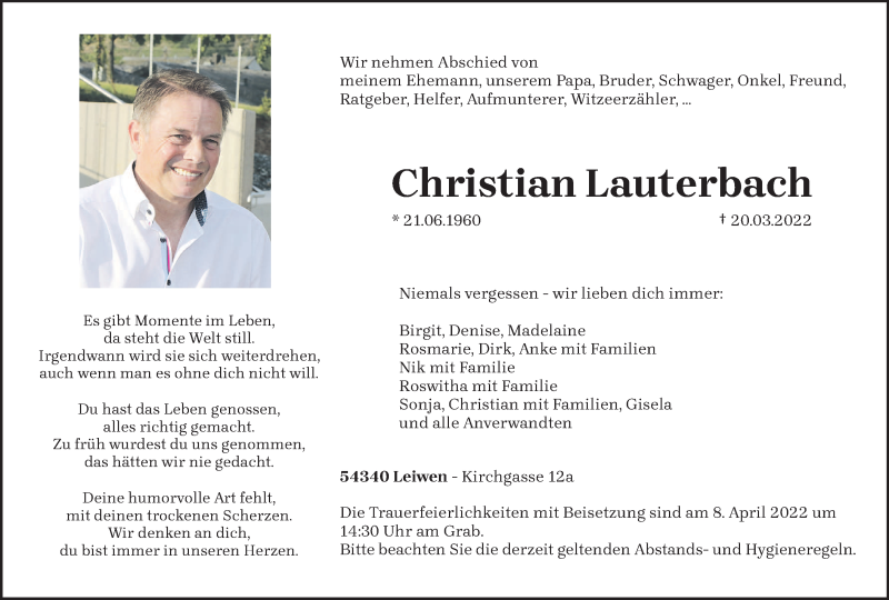  Traueranzeige für Christian Lauterbach vom 02.04.2022 aus trierischer_volksfreund