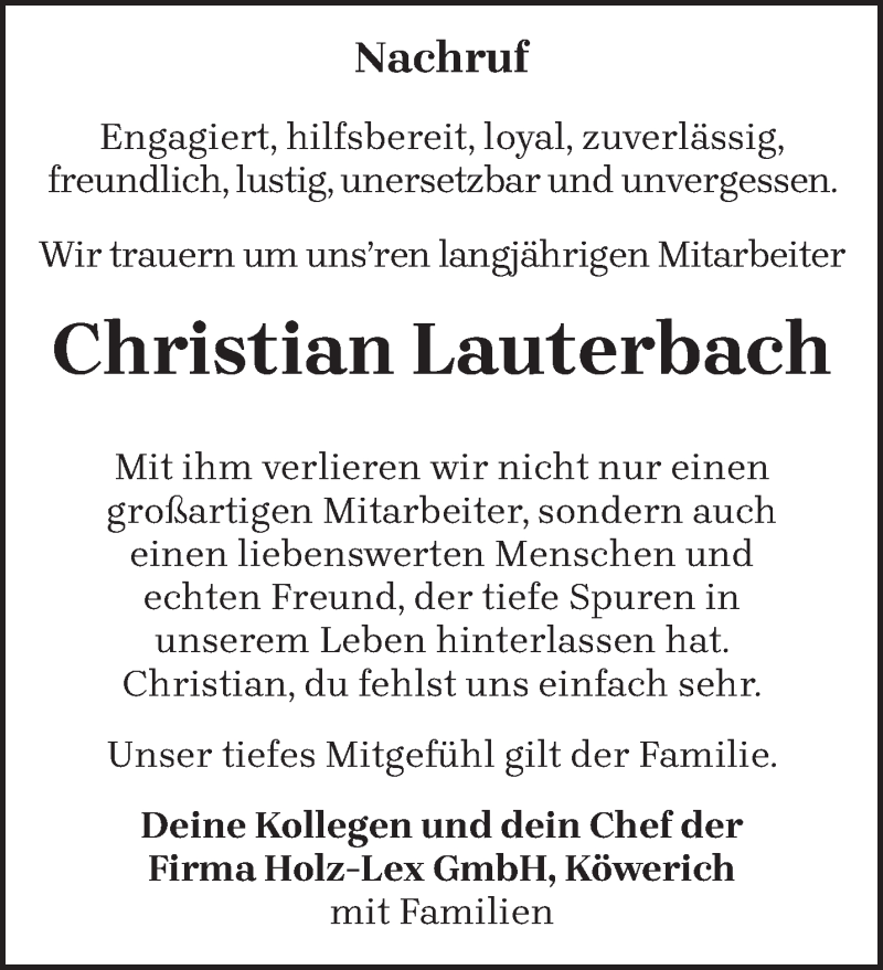  Traueranzeige für Christian Lauterbach vom 02.04.2022 aus trierischer_volksfreund