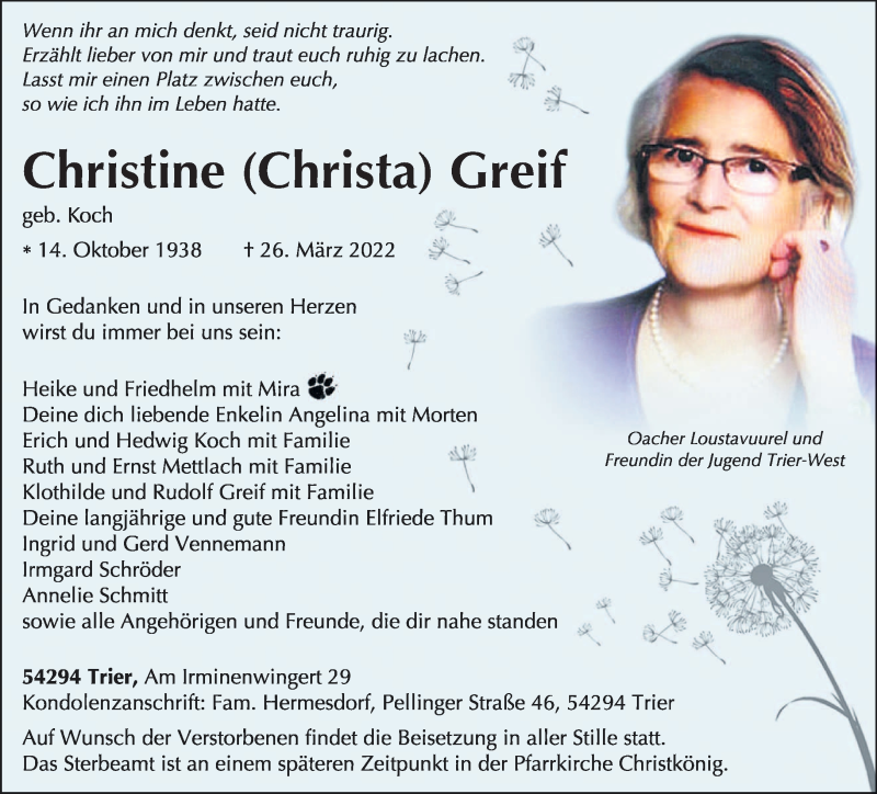  Traueranzeige für Christine Greif vom 02.04.2022 aus trierischer_volksfreund