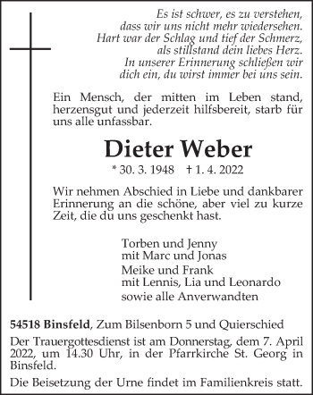 Traueranzeige von Dieter Weber von trierischer_volksfreund