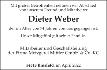Traueranzeige von Dieter Weber von trierischer_volksfreund