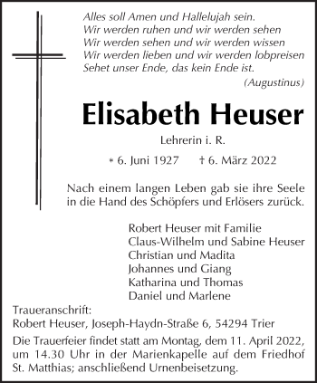 Traueranzeige von Elisabeth Heuser von trierischer_volksfreund