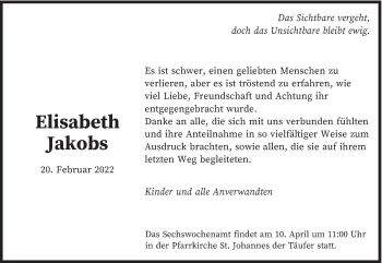 Traueranzeige von Elisabeth Jakobs von trierischer_volksfreund