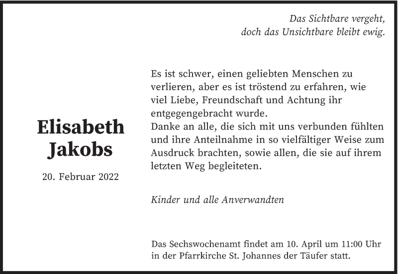  Traueranzeige für Elisabeth Jakobs vom 06.04.2022 aus trierischer_volksfreund
