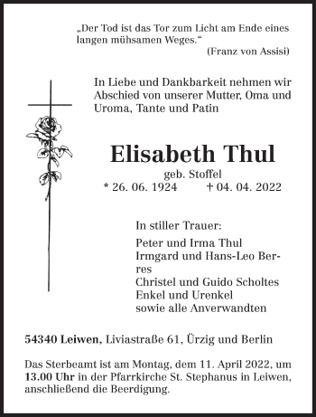 Traueranzeige von Elisabeth Thul von trierischer_volksfreund
