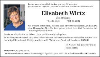 Traueranzeige von Elisabeth Wirtz von trierischer_volksfreund