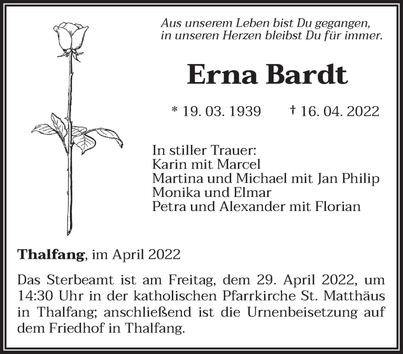  Traueranzeige für Erna Bardt vom 23.04.2022 aus trierischer_volksfreund