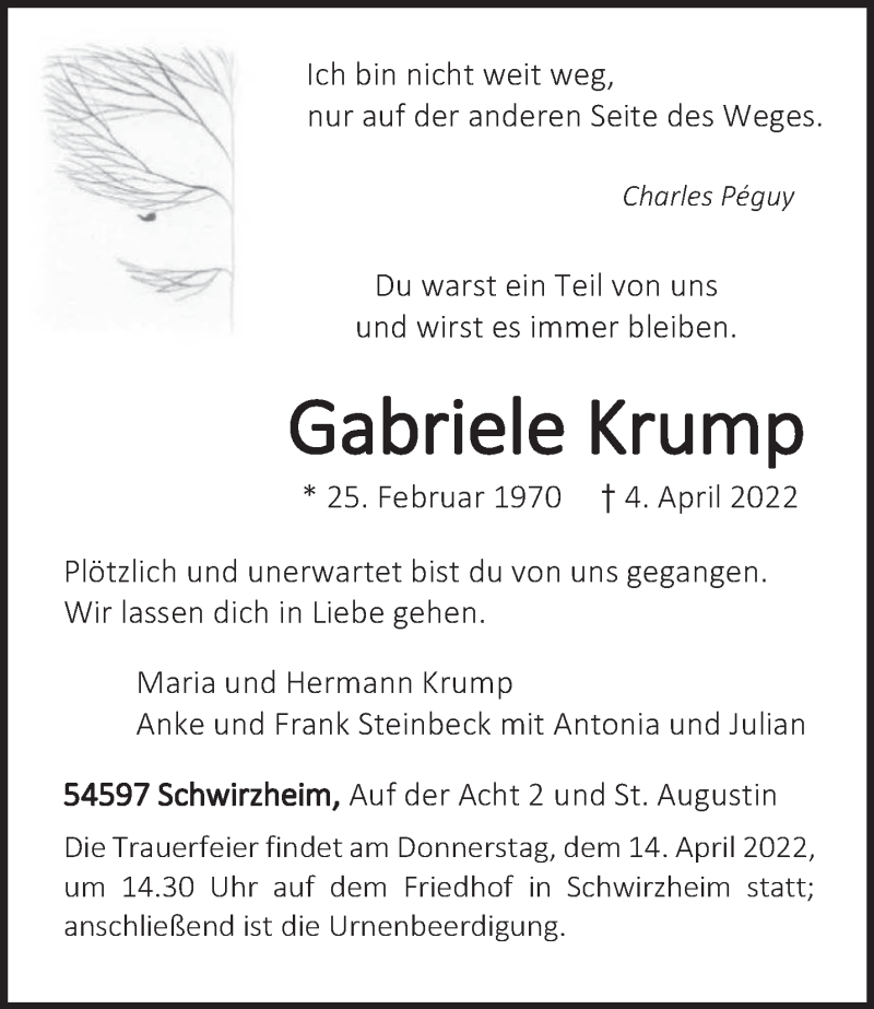  Traueranzeige für Gabriele Krump vom 09.04.2022 aus trierischer_volksfreund