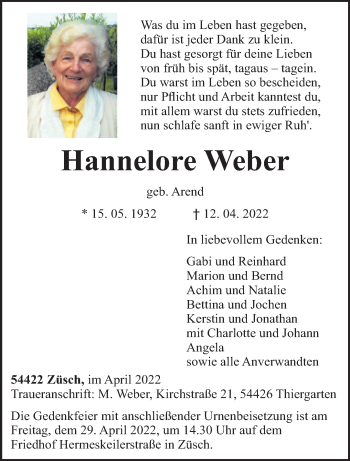 Traueranzeige von Hannelore Weber von trierischer_volksfreund