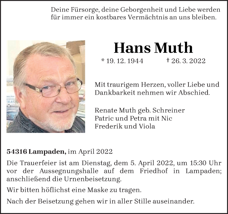  Traueranzeige für Hans Muth vom 02.04.2022 aus trierischer_volksfreund