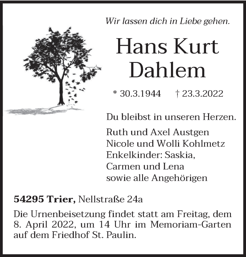  Traueranzeige für Hans Kurt Dahlem vom 02.04.2022 aus trierischer_volksfreund