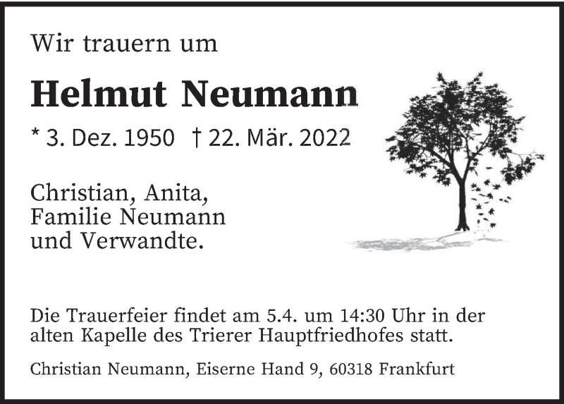  Traueranzeige für Helmut Neumann vom 02.04.2022 aus trierischer_volksfreund