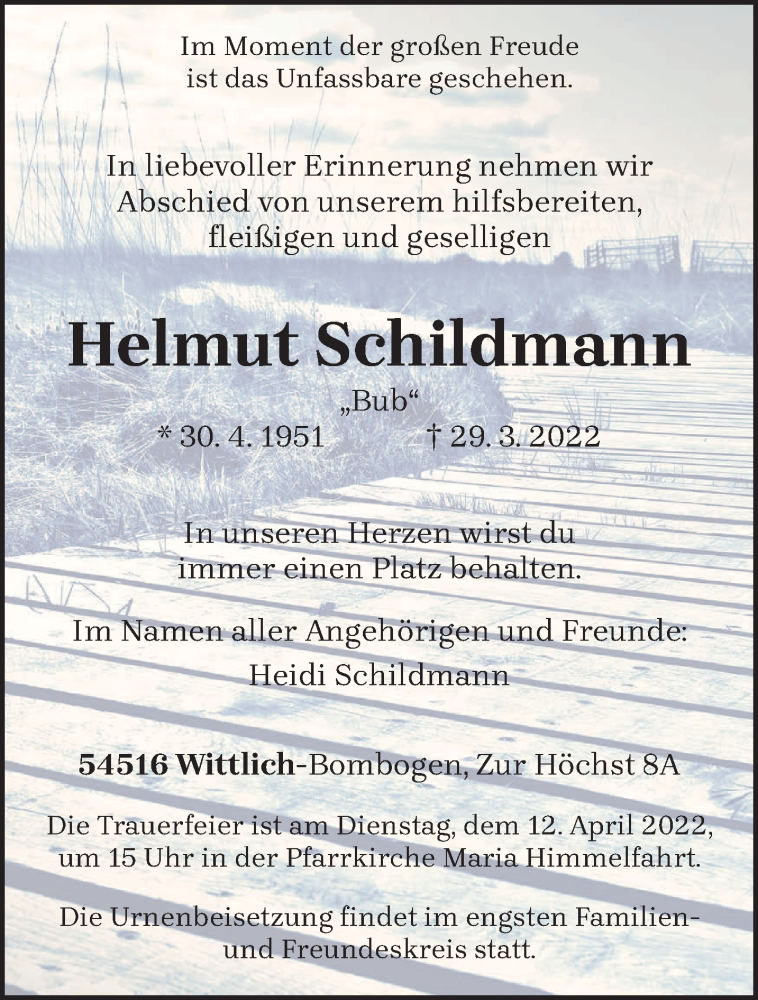  Traueranzeige für Helmut Schildmann vom 09.04.2022 aus trierischer_volksfreund