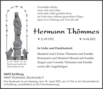 Traueranzeige von Hermann Thömmes von trierischer_volksfreund