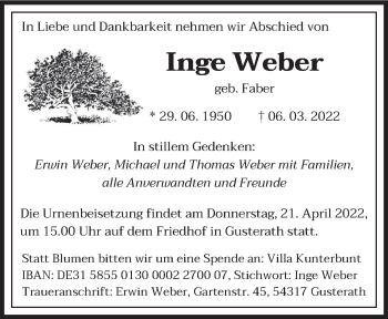 Traueranzeige von Inge Weber von trierischer_volksfreund