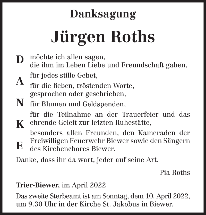  Traueranzeige für Jürgen Roths vom 02.04.2022 aus trierischer_volksfreund