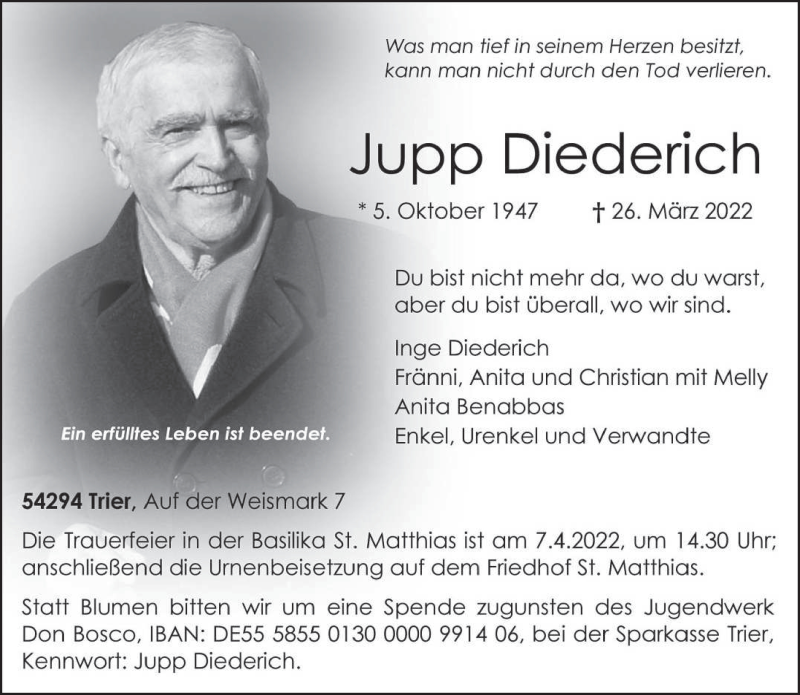  Traueranzeige für Jupp Diederich vom 02.04.2022 aus trierischer_volksfreund