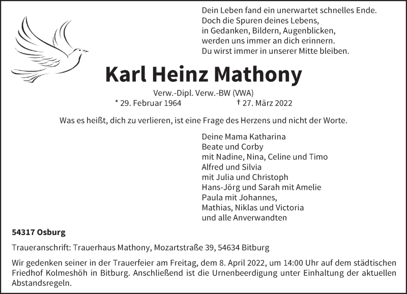  Traueranzeige für Karl Heinz Mathony vom 02.04.2022 aus trierischer_volksfreund