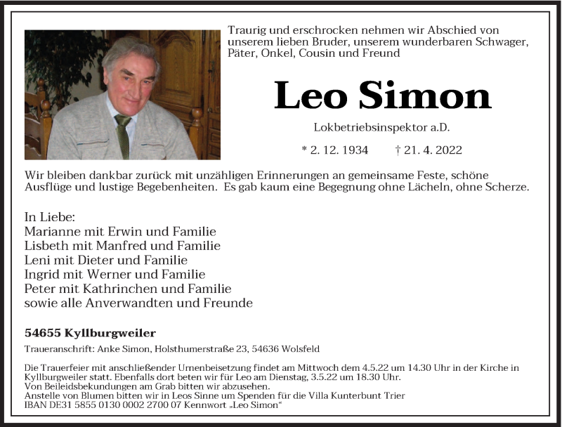  Traueranzeige für Leo Simon vom 29.04.2022 aus trierischer_volksfreund