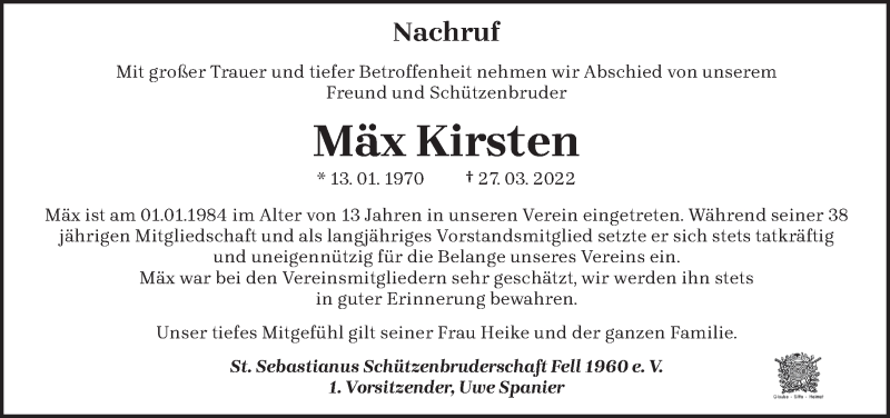  Traueranzeige für Mäx Kirsten vom 01.04.2022 aus trierischer_volksfreund